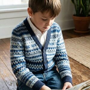 J Crew Crewcuts Fair Isle Cardigan Sweater‎ Boys Medium Blue White Preppy Cotton